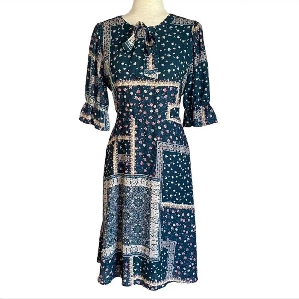 CHELSEA28 Green Blue Floral Patchwork Midi Dress Size Small